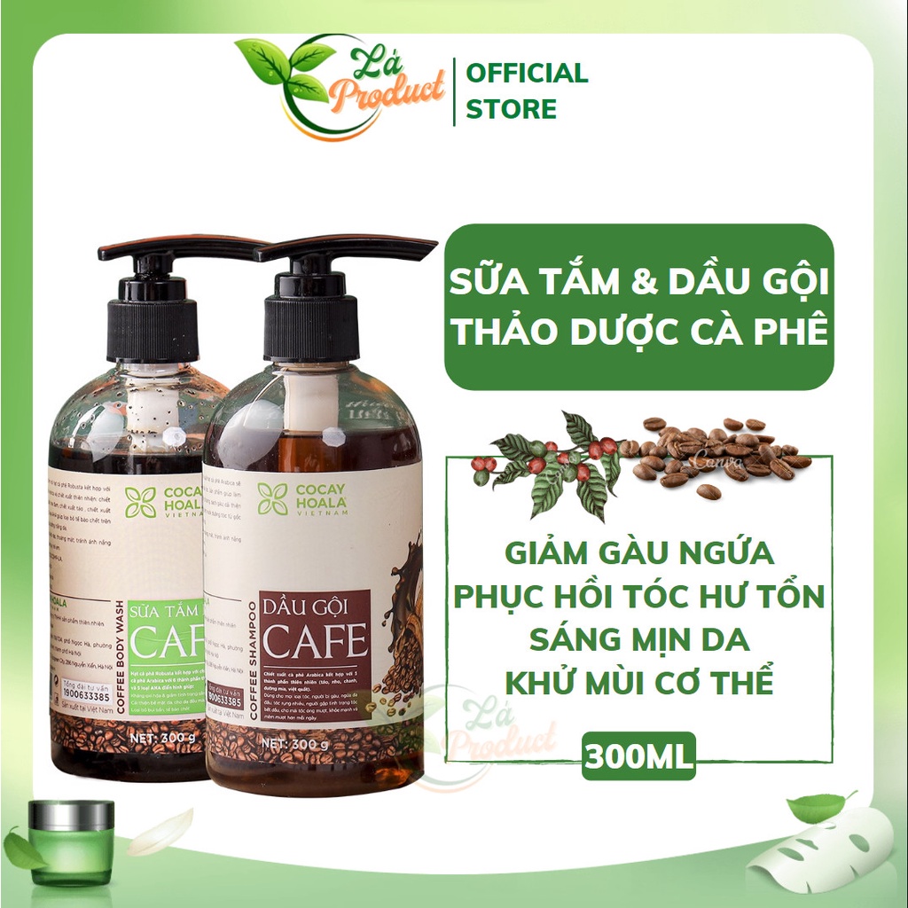 Combo Dầu Gội Cà Phê và Sữa Tắm Cafe Cocayhoala - Làm sạch gàu, dưỡng trắng da chai 300g