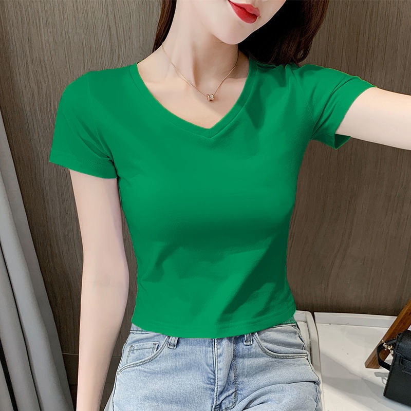 Áo Thun 95 Cotton Ngắn Tay Cổ Chữ V Eo Cao Thời Trang Mùa Hè 2022 Cho Nữ