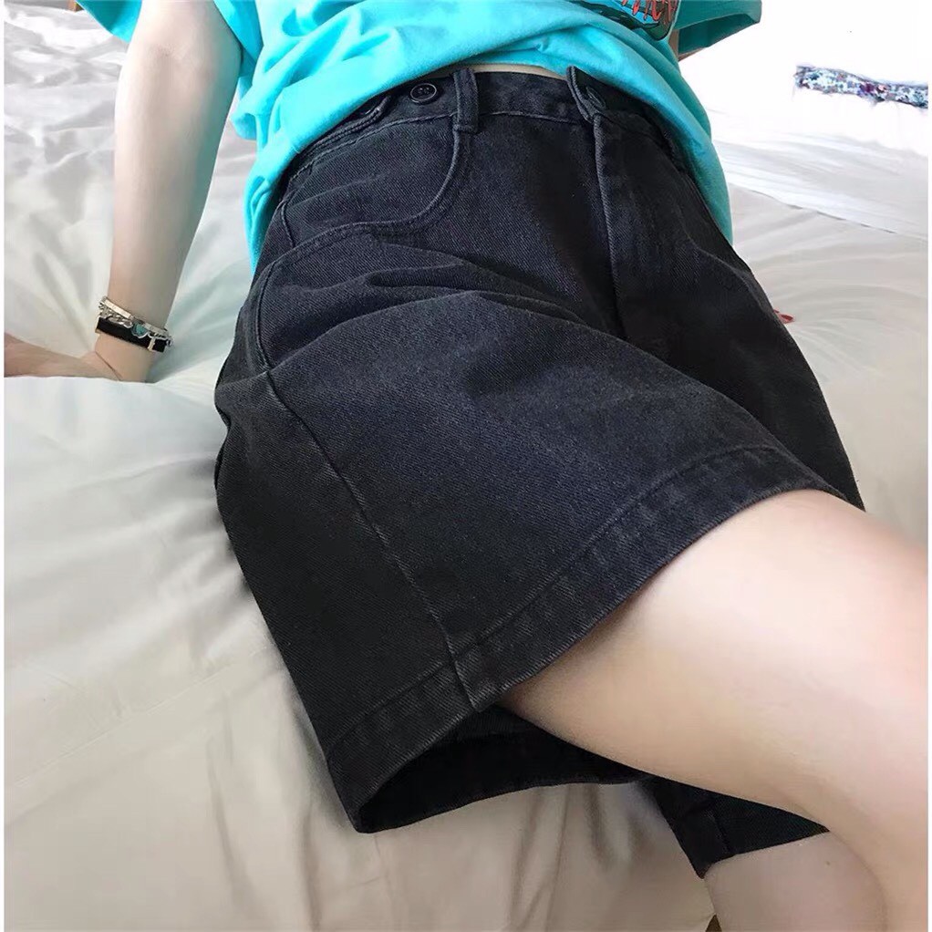 Quần short jean bò nữ Đen Basic có size, quần đùi nữ dáng ngố lửng ống rộng chất bò trơn mền dày sịn basic