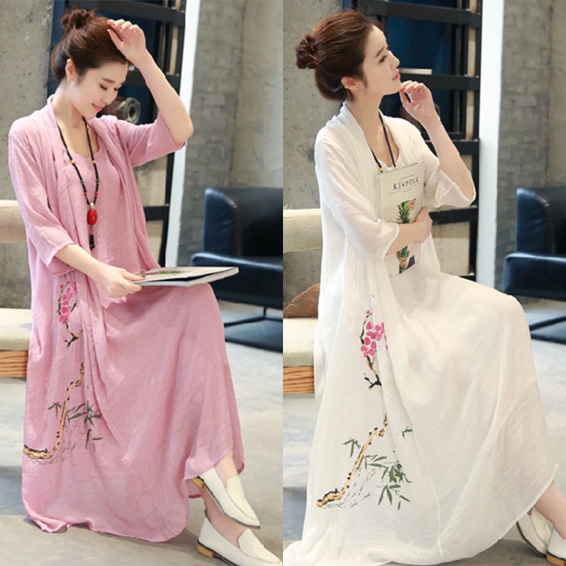 Đầm Cotton Dáng Dài Rộng Tay Lửng Plus Size Phong Cách Dân Tộc