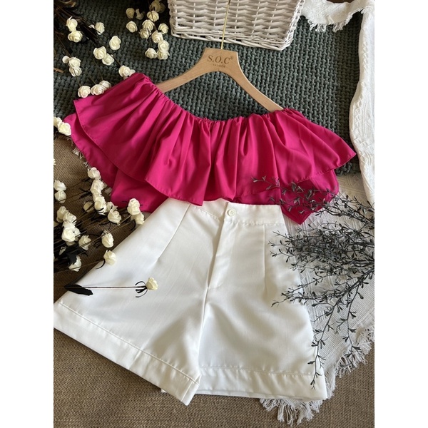 Set áo trễ vai quần form A có sẵn mút fresize Set xinh set bánh bèo set áo bẹt vai áo trễ vai Linh Htt