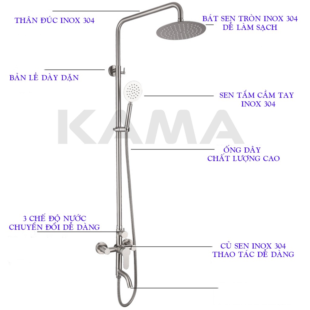 Bộ cây sen tắm nóng lạnh inox 304 thương hiệu KAMA ST02 - cây sen tắm đứng inox 304, màu sắn nguyên bản, không chì.