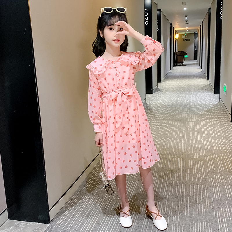 Đầm Tay Dài Cổ Bẻ Họa Tiết Chấm Bi Đơn Giản Thời Trang Mùa Hè Mới Dành Cho Bé Gái 2022
