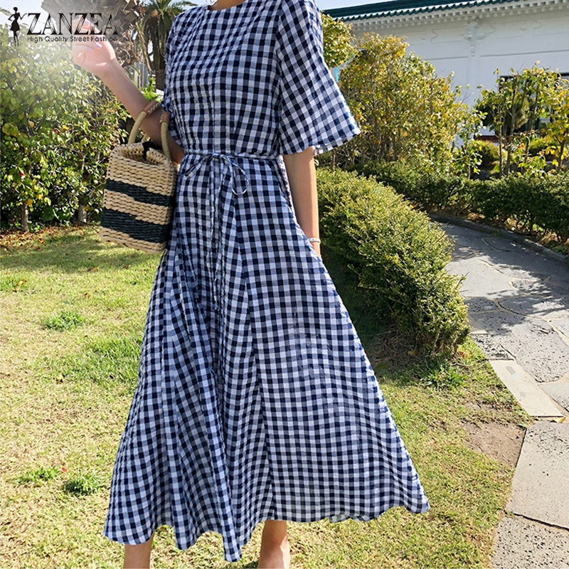 Đầm Maxi ZANZEA Tay Ngắn Dáng Rộng Hoạ Tiết Caro Phong Cách Thanh Lịch Thời Trang | BigBuy360 - bigbuy360.vn