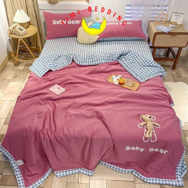 Bộ chăn ga đũi hè thêu gấu thoáng mát, xinh xắn – chăn đũi hè - Timibedding