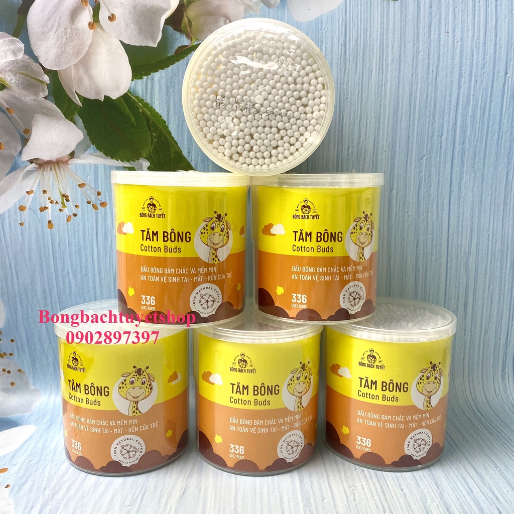 Tăm Bông Cho Bé 336 Que HỘP TRÒN XOAY - Tăm Bông Kotton Care For Kid HỘP TRÒN Bông Bạch Tuyết