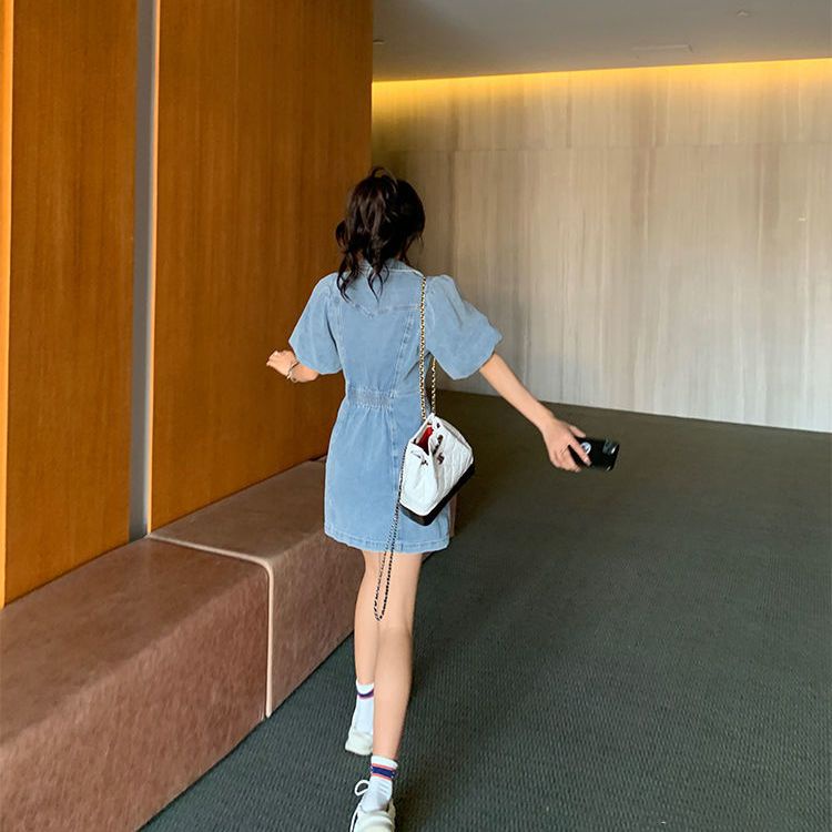 Đầm Denim Tay Phồng Ôm Eo Thời Trang Mùa Hè 2023 Phong Cách Pháp Mới Cho Nữ