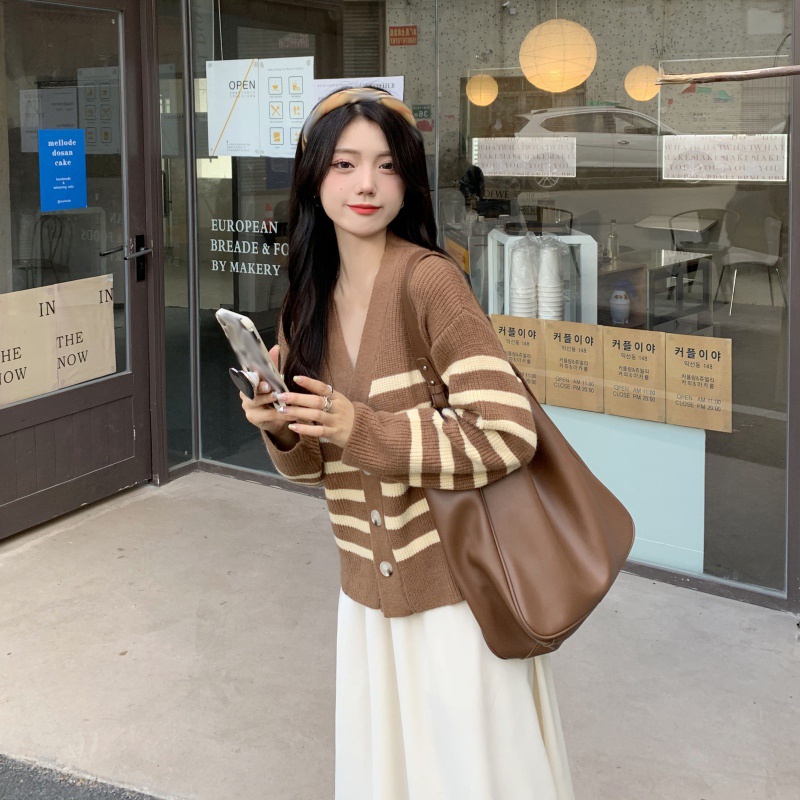 Áo khoác cardigan dệt kim cổ V tay dài dáng rộng kẻ sọc kiểu retro thời trang mùa thu cho nữ