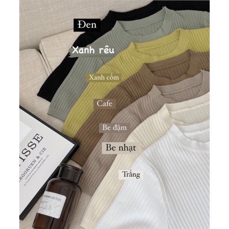Áo len tăm đũa Hàn Quốc cực xinh hàng Quảng Châu, Áo Len Tăm Đũa Cộc Tay Dáng Ôm Cổ Tròn Basic