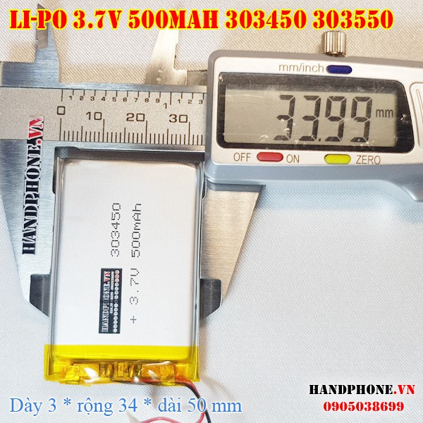 Pin Li-Po 3.7V 500mA 303450 303550 (Lithium Polyme) cho loa bluetooth, máy nội soi, bàn phím bluetooth, khoá vân tay
