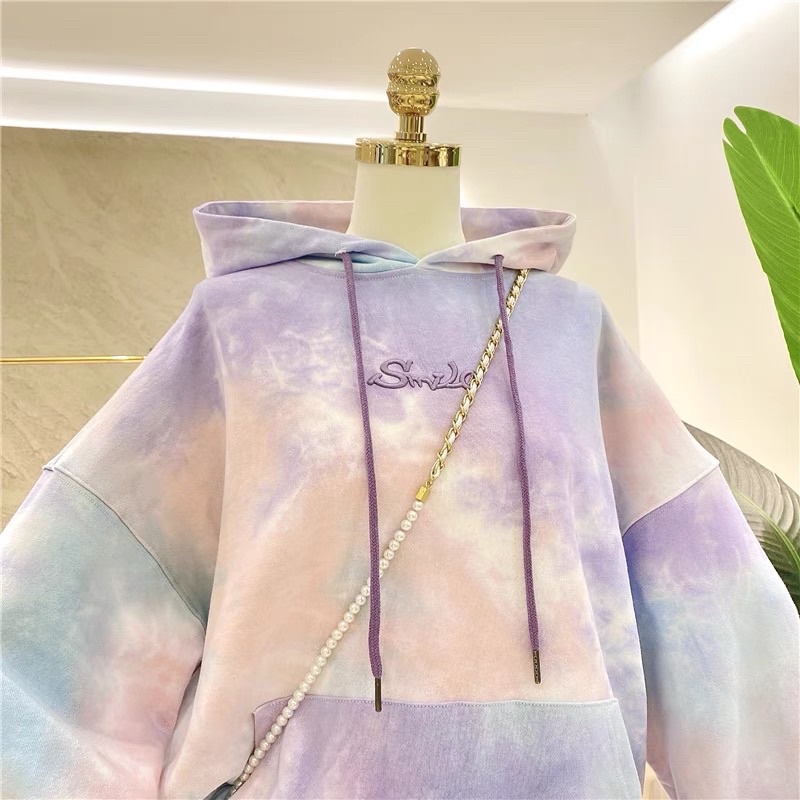 Áo hoodie vải nỉ lót bông dày dặn loang màu thêu Smile