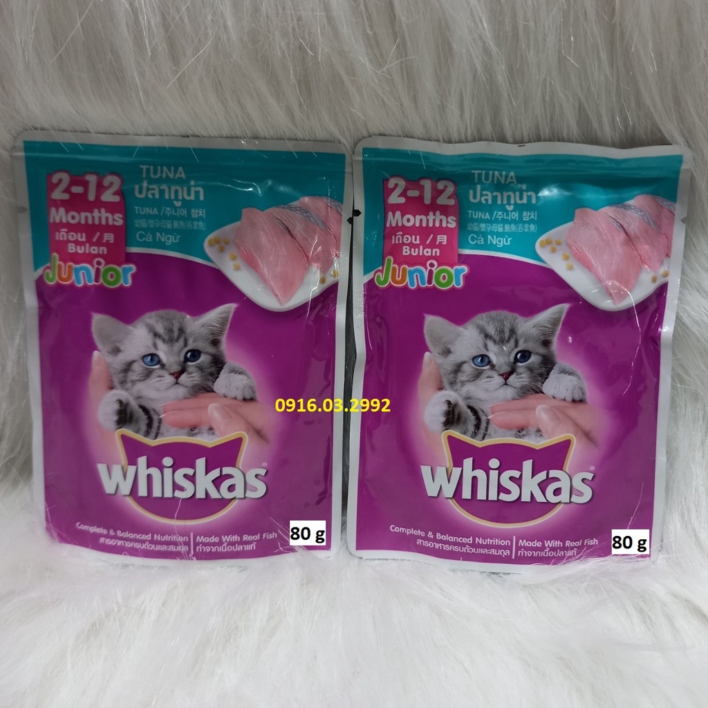 Pate cho mèo con whiskas 80g thùng 24 gói được chịn vị cá thu và cá ngừ