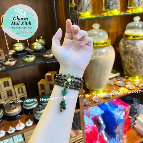Chuỗi Trầm Hương Sánh chìm 108 hạt phối Cỏ 4 Lá Ngoc Bích Bọc Bạc 925 và Hồ Điệp  - Vòng Tay Gỗ tự nhiên Nữ phong thuỷ