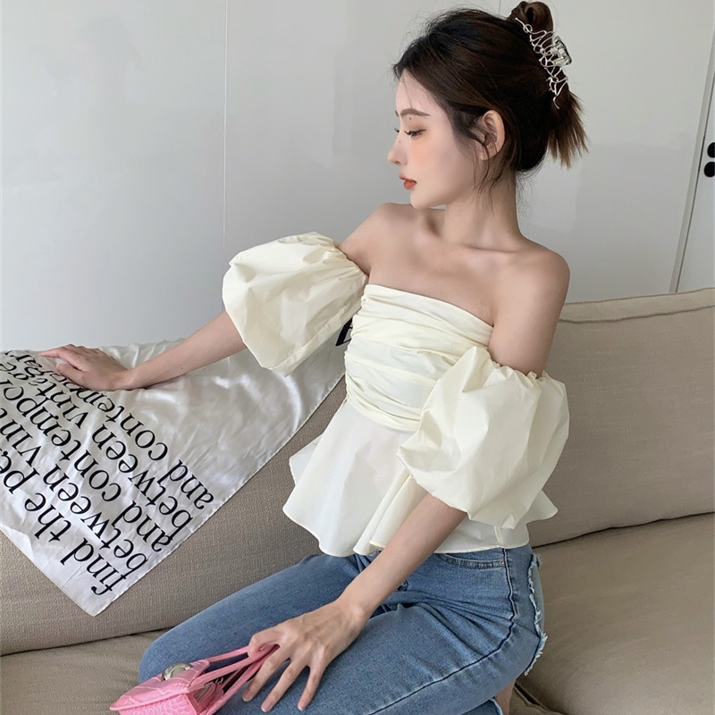 [MURIOKI] Áo Croptop Trễ Vai Tay Phồng Phong Cách Pháp Thời Trang Cho Nữ 2022