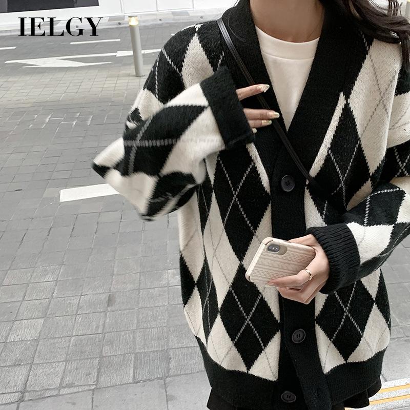 IELGY  Áo sweater Dáng Rộng Dài Đến Giữa Bắp Chân Đính Kim Cương retro Nhật Bản Mặc Ngoài Trời