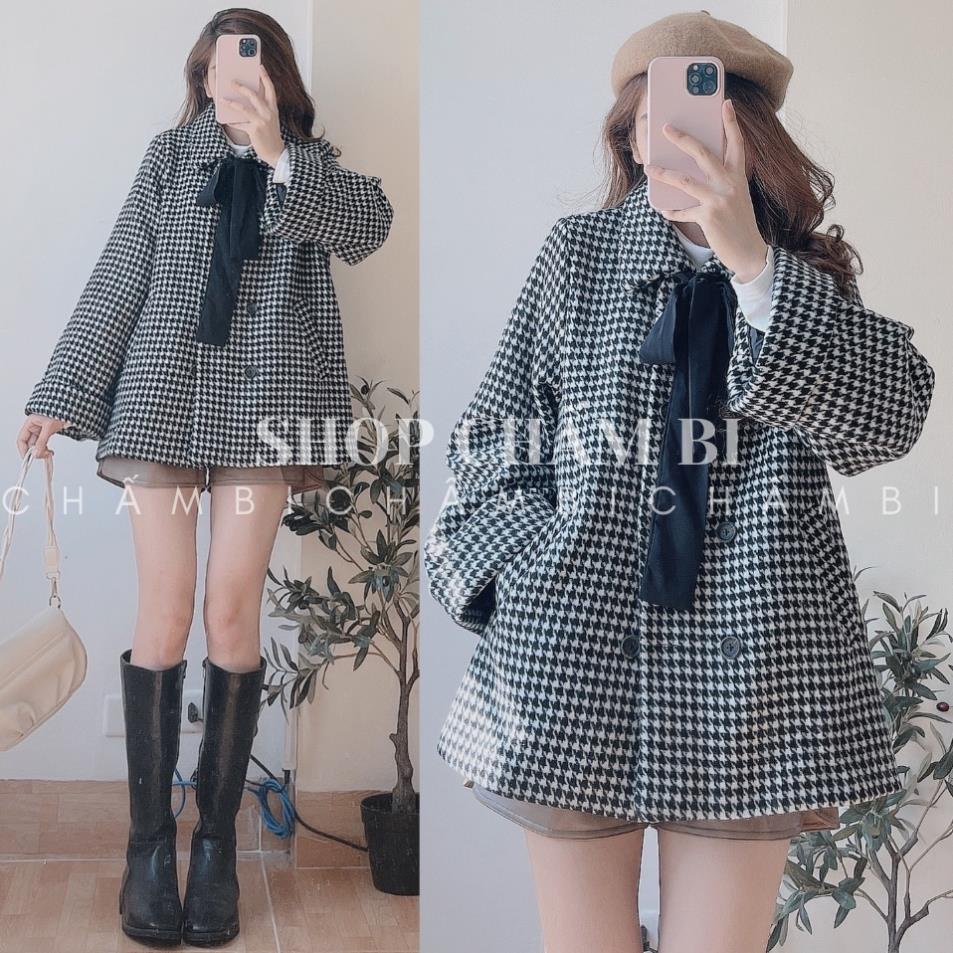 [13.1 trả hàng] Áo dạ kẻ tay rộng A.110, Áo khoác cổ đức cúc dọc nơ đen cực xinh