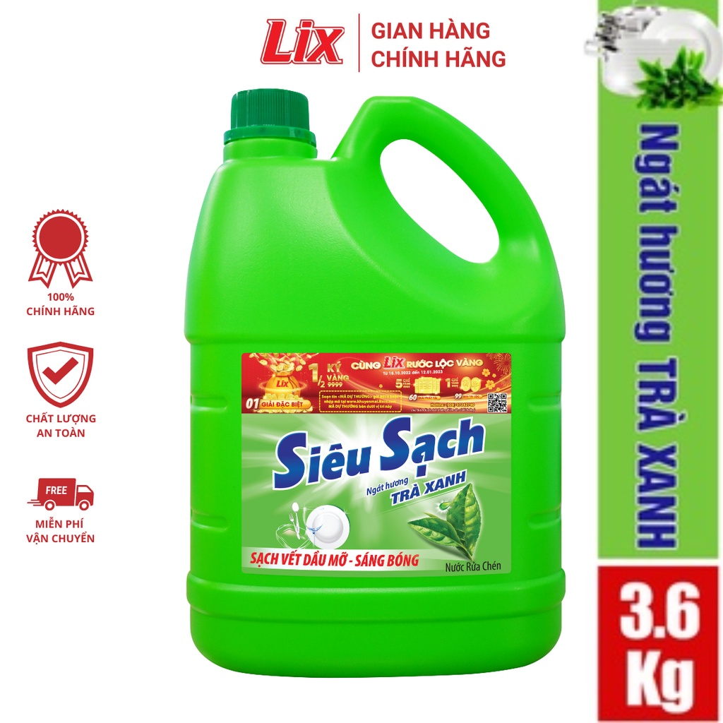 Nước Rửa Chén Lix Siêu Sạch Hương Trà Xanh 3.6Kg N8105 thơm dịu sạch bóng vết dầu mỡ