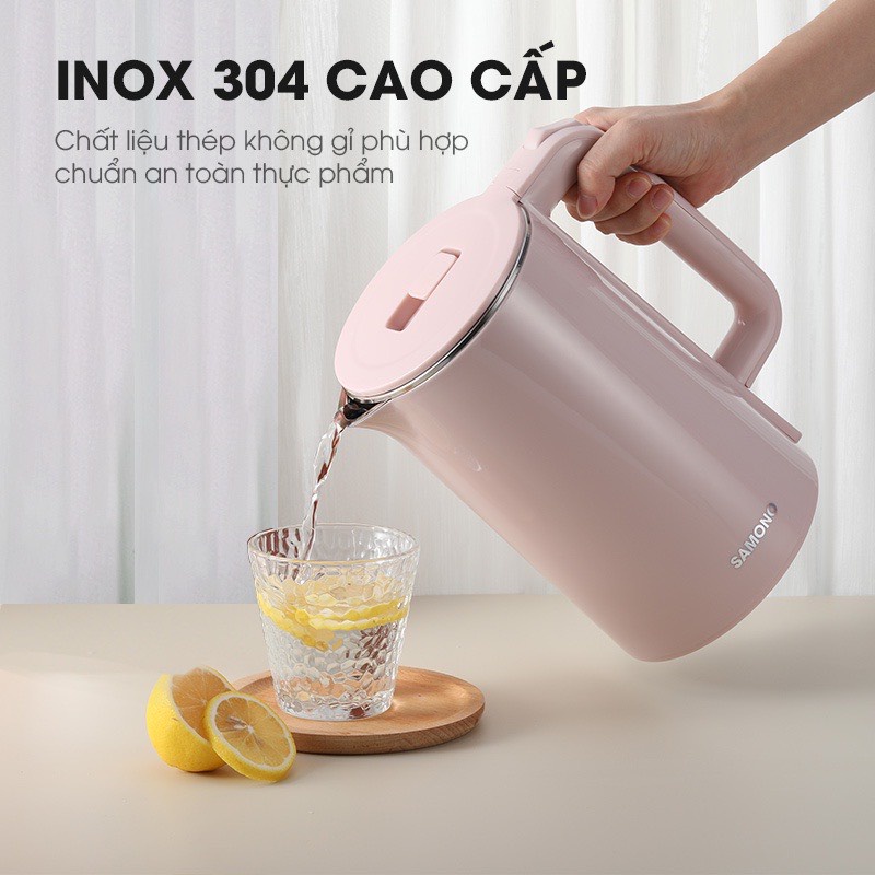 Ấm đun siêu tốc SAMONO SW - EKP13 Dung tích 2 Lít, hai lớp chống nhiệt cao cấp hồng pastel ngọt ngào - Hàng Chính Hãng