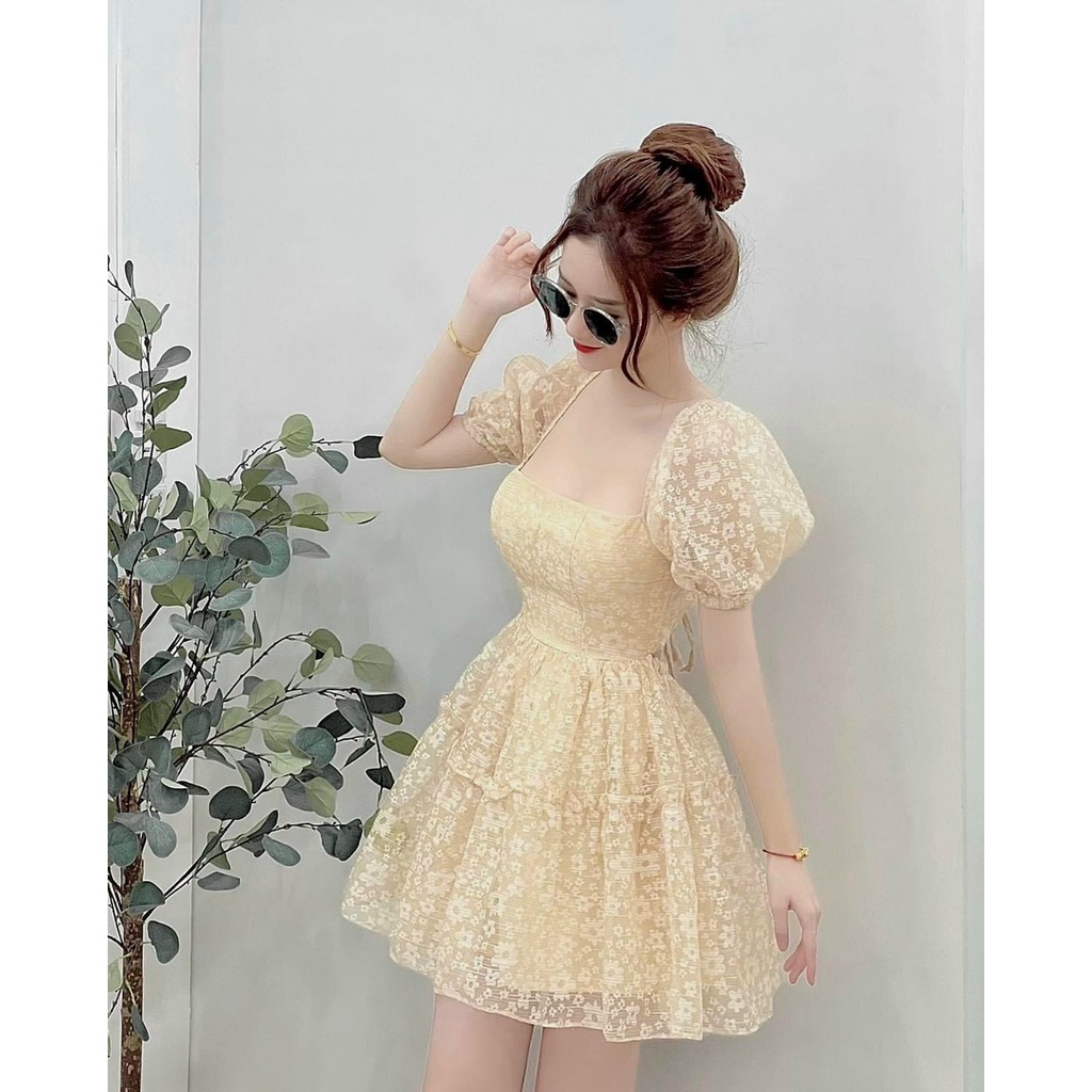 Đầm nữ thời trang mặc đi chơi, Đầm nữ xô bông dễ thương tay phồng ngắn váy xếp li cao cấp y hình 100%