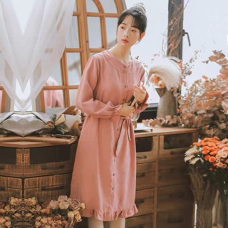 Váy dài tay thắt eo Hàn Quốc - (ORDER)