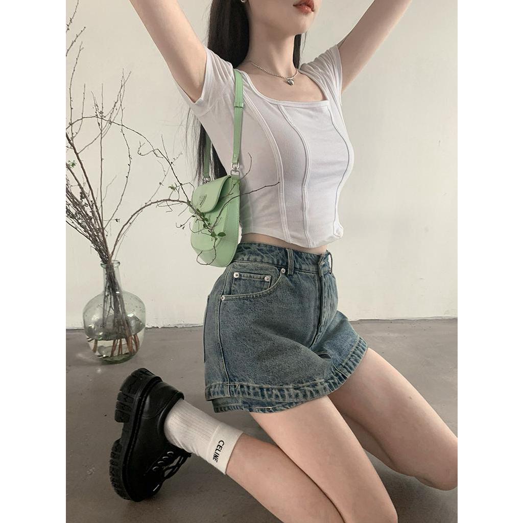 62362 Chân Dài Mùa Hè Chân Váy Denim Hai Mảnh