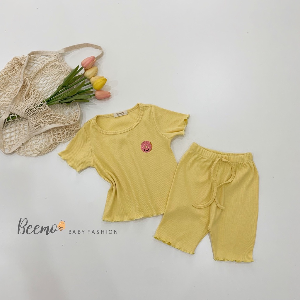 Bộ Cộc Thun Tăm Bé Gái Beemo Thêu Ngực Xoăn Biên Mềm Mại Màu Trơn Cực Sang
