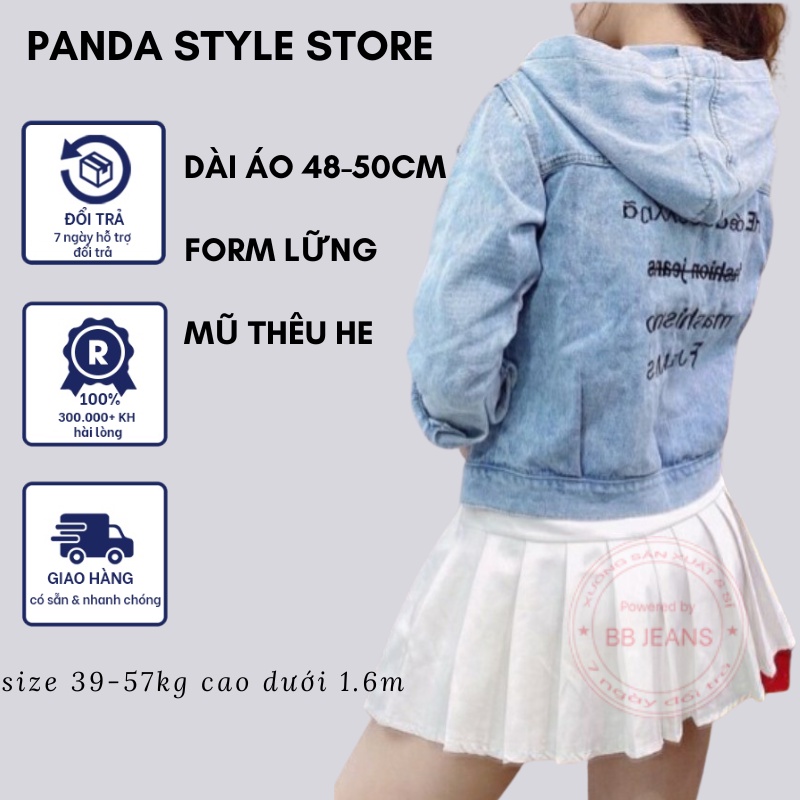 Áo Khoác jean Nữ mũ thêu HE - áo jean nữ Rugyb tà chéo form lững dài áo 48-50cm size 39-57kg
