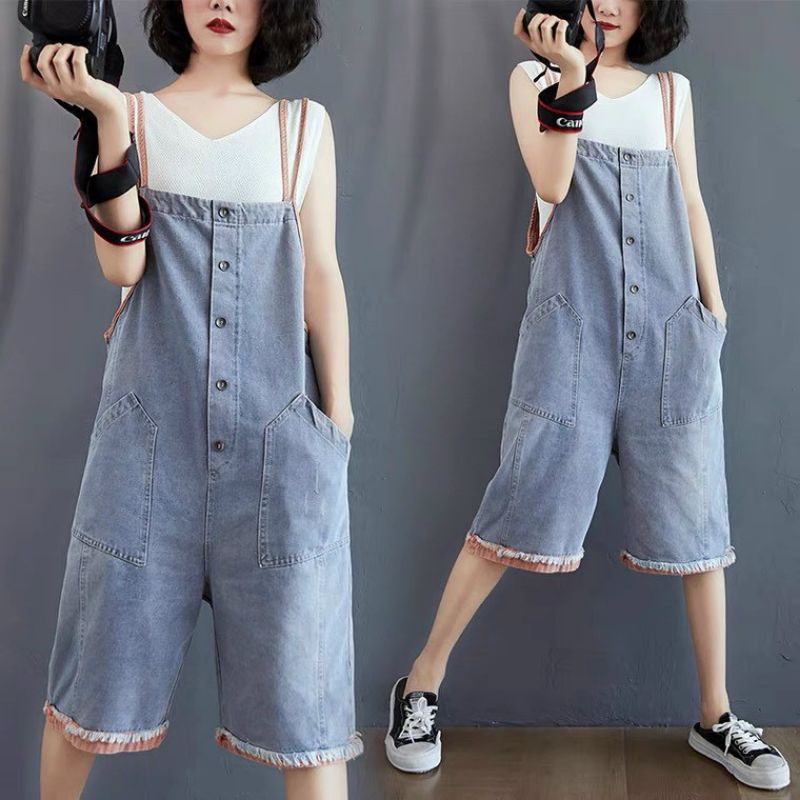 Yếm jean nữ kiểu quần short lững phối viền form rộng chất denim có túi thời trang hàn quốc