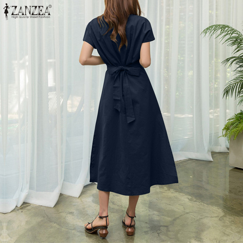 Đầm Dài ZANZEA Tay Ngắn Cổ Tròn Màu Trơn Có Dây Cột Và Khóa Kéo Phía Sau Dành Cho Nữ | BigBuy360 - bigbuy360.vn