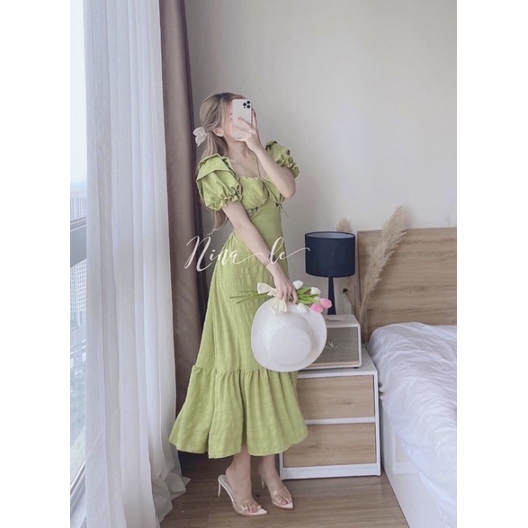 Đầm maxi xanh cutout lưng tay tiên viền bèo màu trắng/xanh lá/xanh dương NÀNG CLOSET