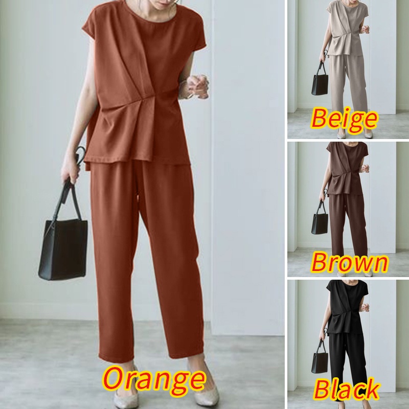 Set đồ ZANZEA gồm áo ngắn tay cổ tròn + quần dài màu trơn phong cách cổ điển thanh lịch cho nữ
