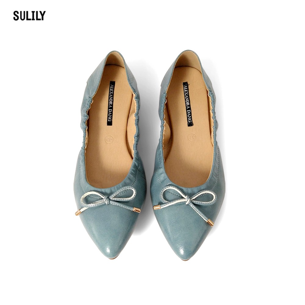 Sullily Giày Búp Bê Mũi Nhọn AD màu xanh ngọc mang êm chân