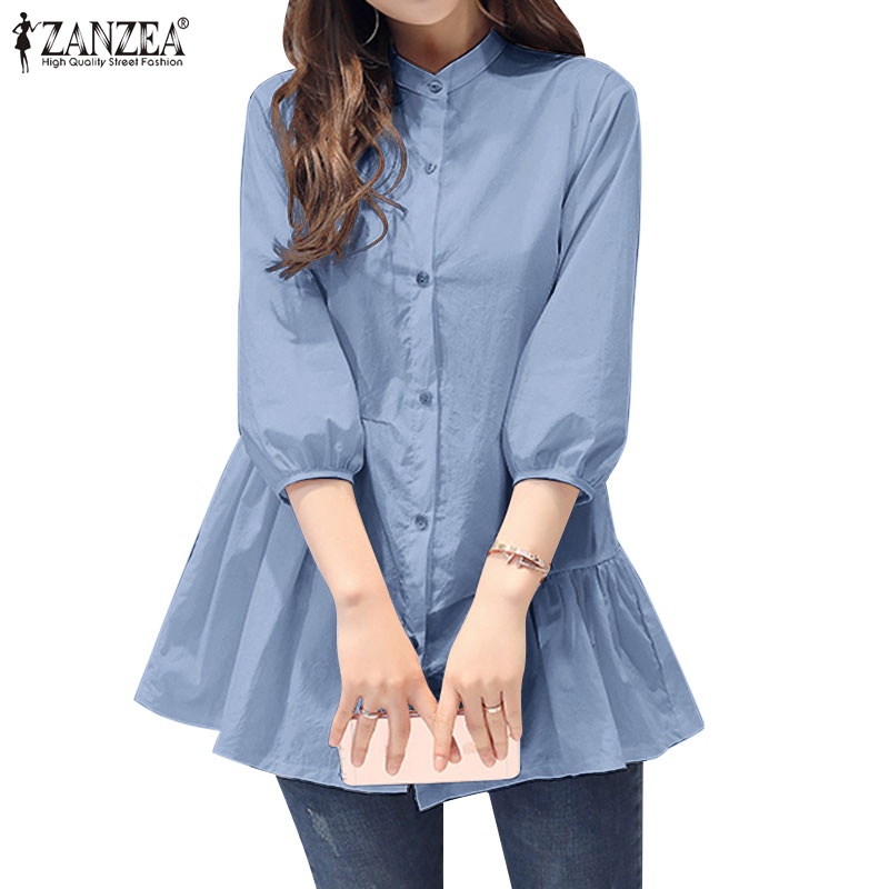Áo Sơ Mi Tay Lửng 3 / 4 Cổ Đứng Màu Trơn Thời Trang Đường Phố Thanh Lịch Cho Nữ ZANZEA