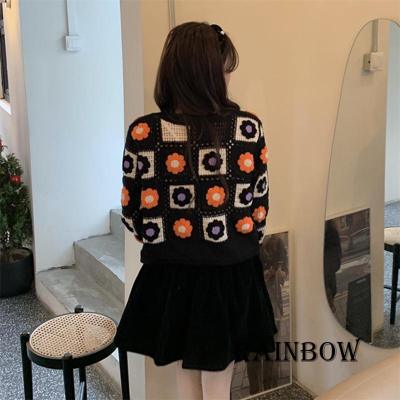 Áo Khoác Cardigan Dệt Kim Tay Dài Cài Nút Họa Tiết Hoa Màu Cầu Vồng Dễ Thương
