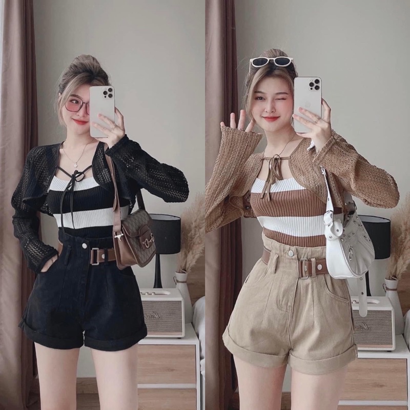 Set áo len sọc kèm áo khoác lưới mẫu Nina Le x Lotus Shop