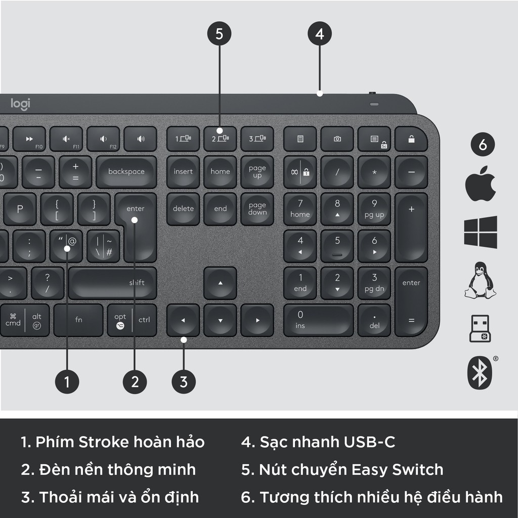 Bàn phím không dây bluetooth Logitech MX Keys - Đèn nền cảm biến, sạc nhanh USB-C | WebRaoVat - webraovat.net.vn