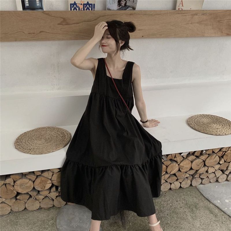 Korean style mid-length square collar summer casual loose pleated suspender skirt，cheap borong of Koreanfashion women's clothing readystock 210521