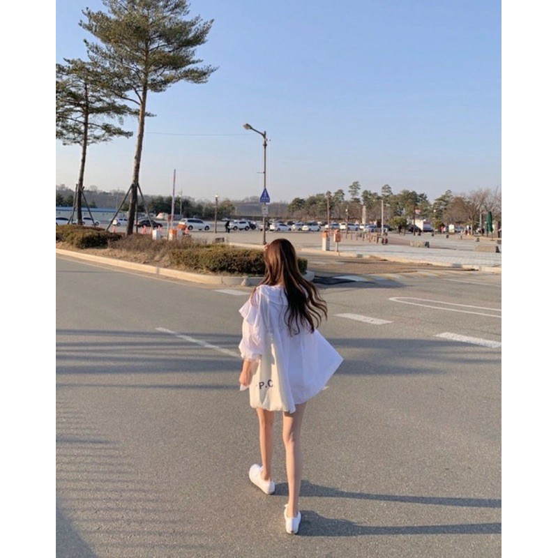 Áo váy babydoll buộc nơ cổ tay phồng style ullzang Hàn Quốc