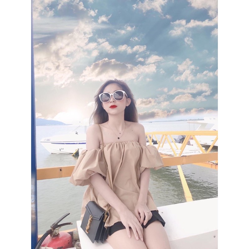 Áo Trễ Vai Tiểu Thư Tay Phồng Chất Đũi 2 Màu Be Trắng