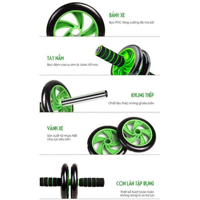 Con Lăn tập cơ bụng 2 bánh cao cấp, máy tập cơ bụng con lăn tập gym tại nhà TẶNG thảm lót gối