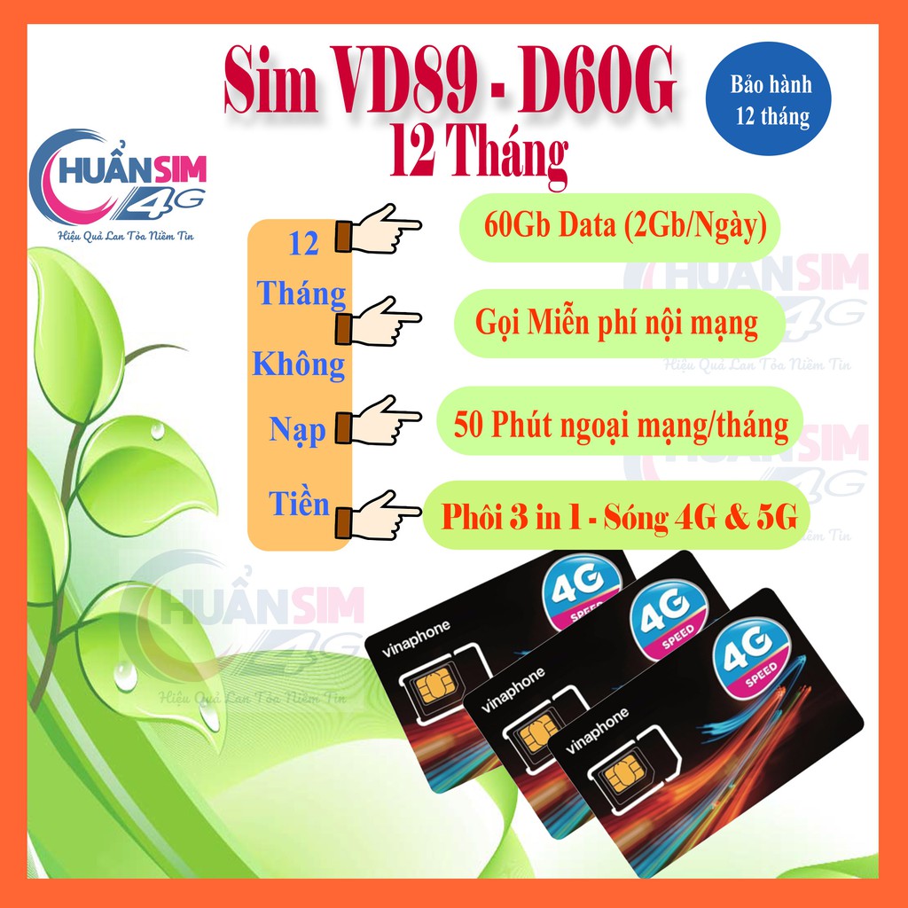 [Free 12 Tháng] Sim 4G Vina  VD149 VD89 D60G  Miễn Phí Data 4GB - 2GB/1Ngày Và Gọi 12 Tháng Không Cần Nạp Tiền