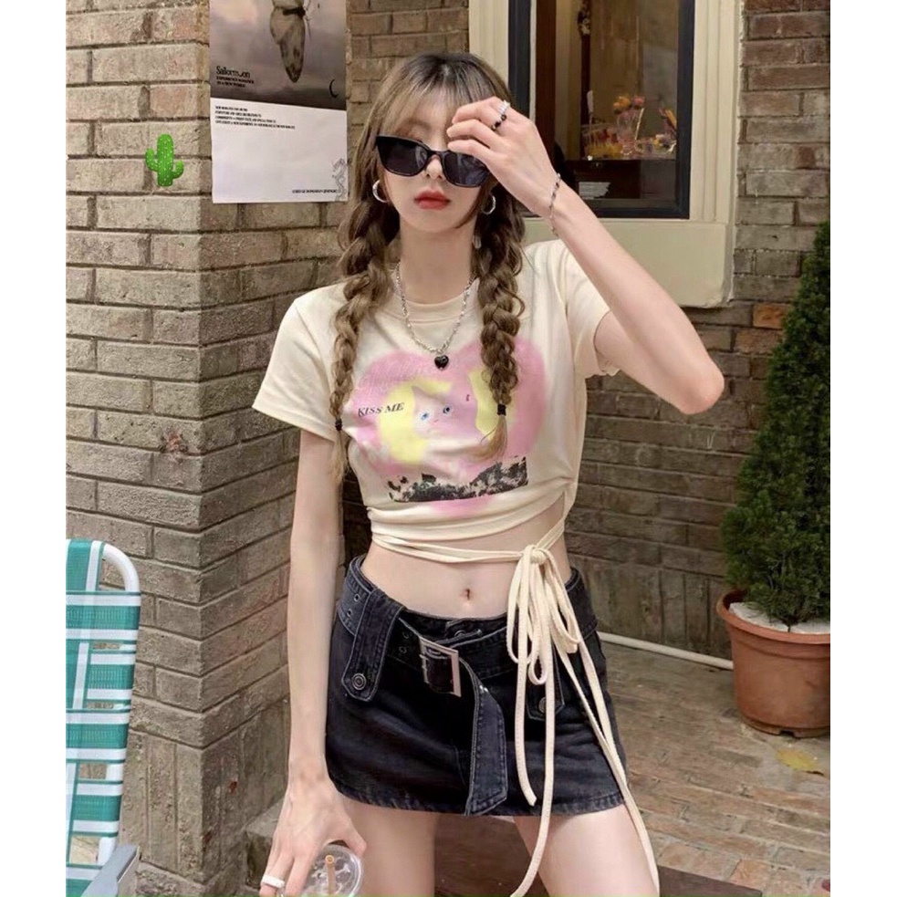 Áo kiểu croptop màu nude in hình mèo hồng quần dây eo cực xinh , chất thun bozip mềm mịn