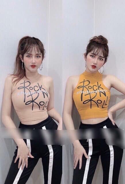 Áo croptop sát nách chữ Rock