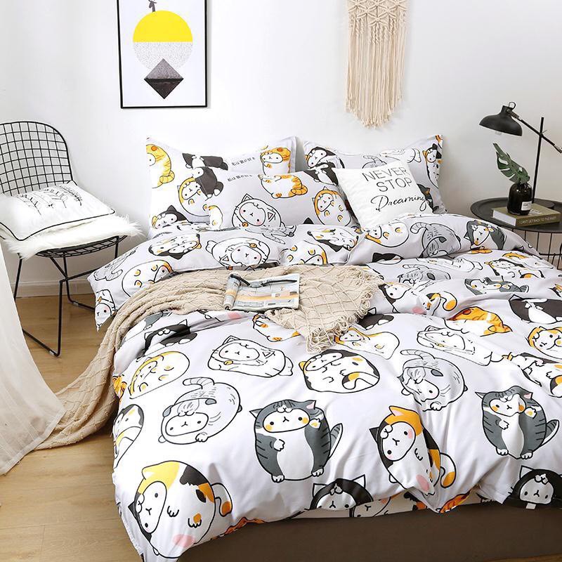 Bộ Chăn Ga Gối Cotton Poly Chăn Chần Bông Mèo Bạc