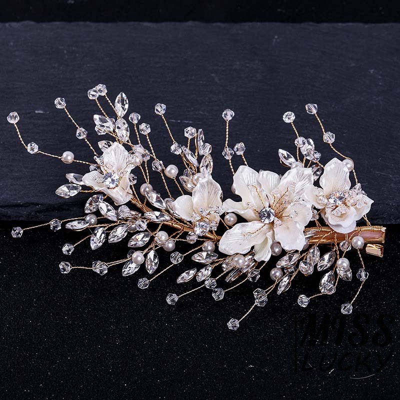 Kẹp tóc đính hoa phối đá và ngọc trai thanh lịch phong cách cổ điển thời trang cho nữ