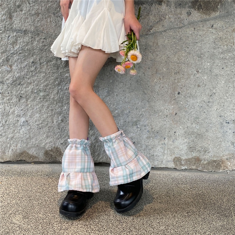 Xixi Vớ Ống Ngắn Phối Bèo Họa Tiết Sọc Caro Phong Cách Gothic Harajuku Cổ Điển