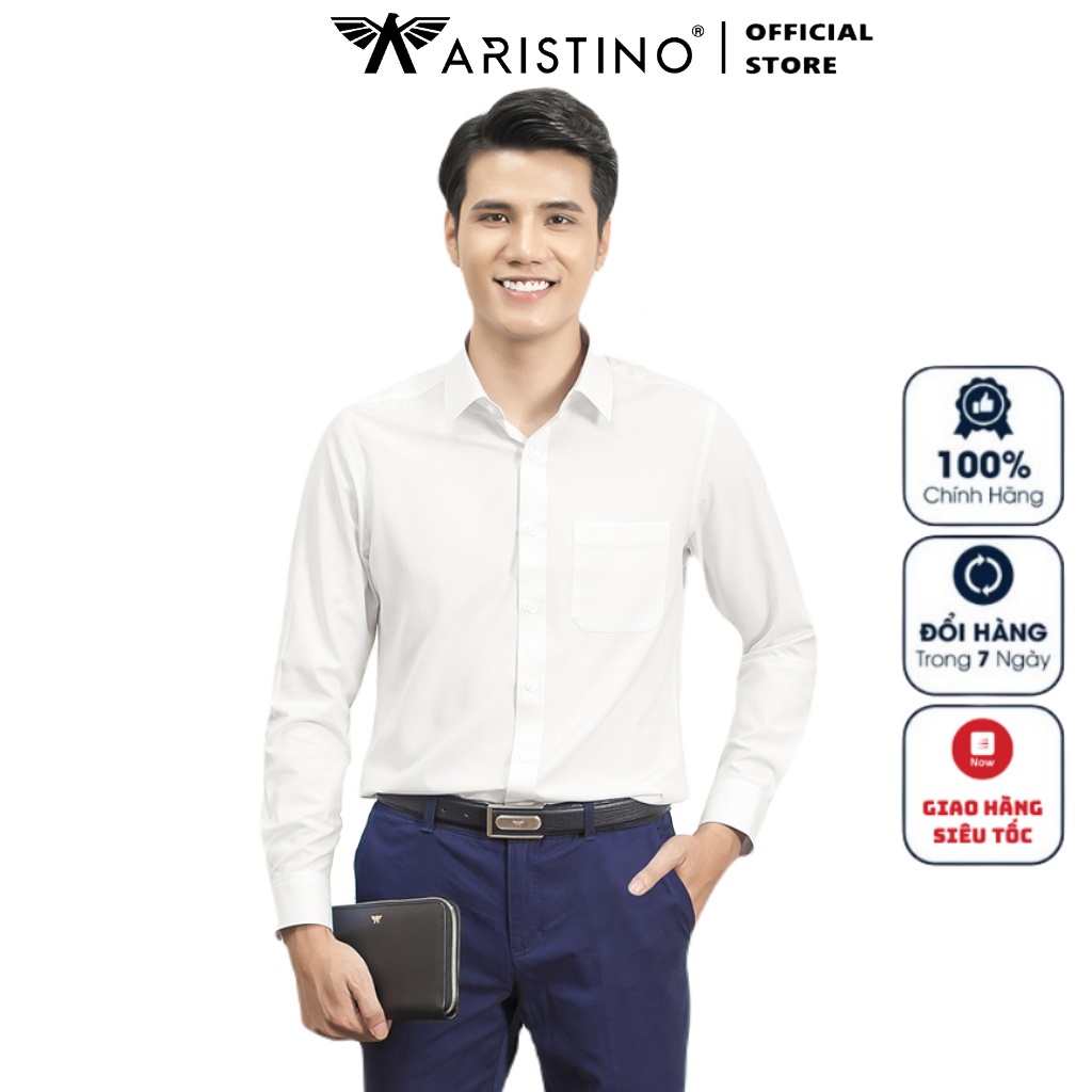 Áo Sơ Mi Trắng Dài Tay Nam ARISTINO ALSR19 Somi Công Sở Cao Cấp trơn màu vải micro polyester dáng suông tà lượn có túi
