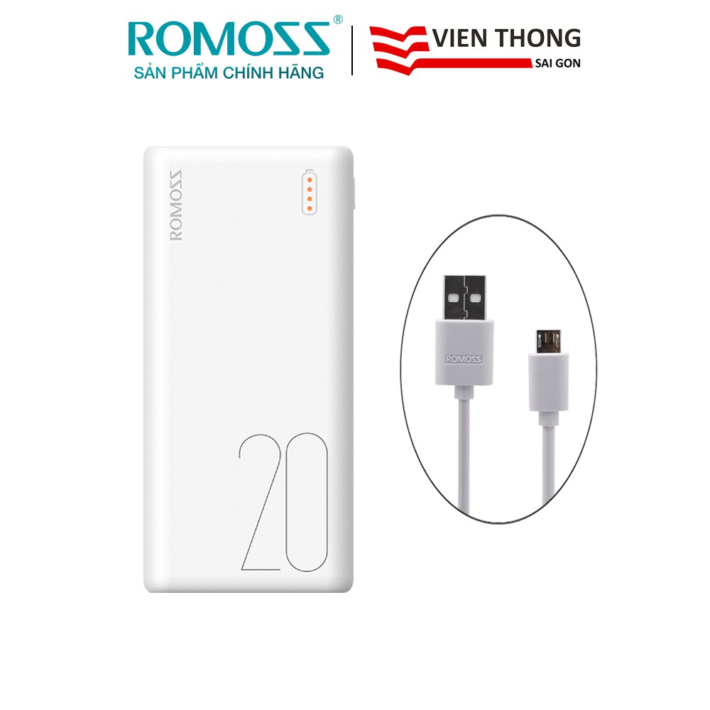 [Mã ELMALLCOIN hoàn 8% xu đơn 499K] Pin sạc dự phòng Romoss Simple 20 20.000mAh tặng cáp micro USB tròn CB05 Romos