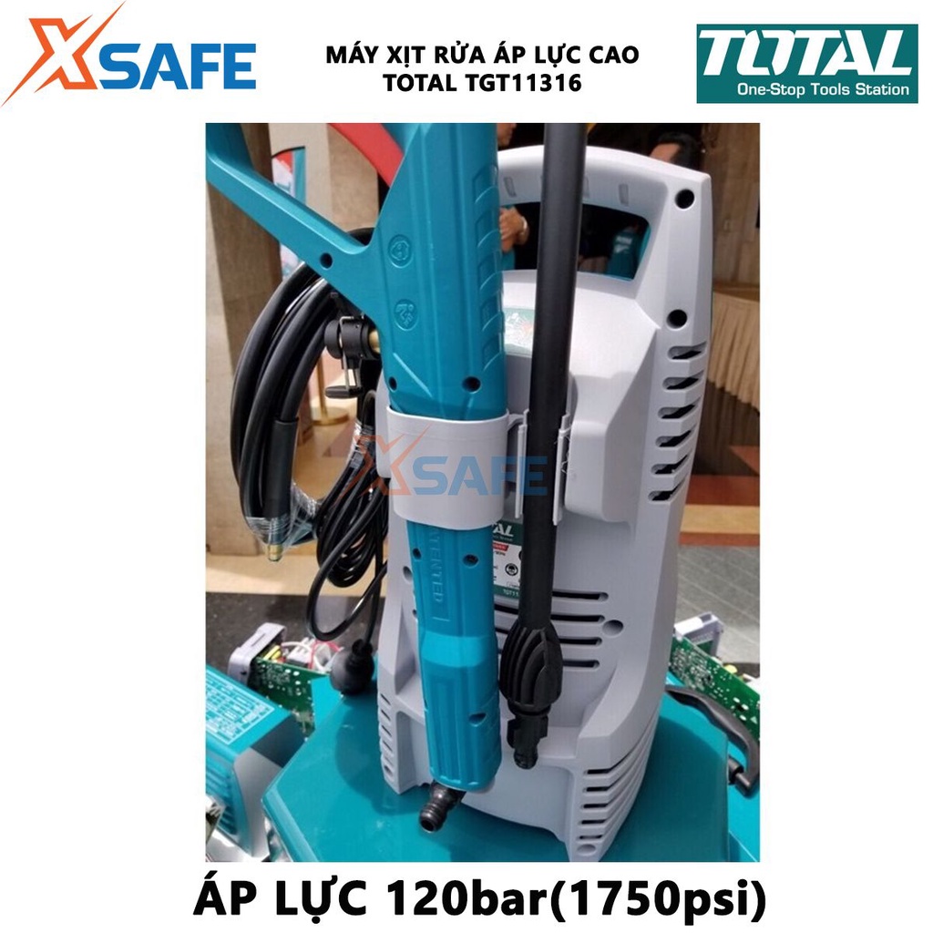 Máy xịt rửa TOTAL TGT11316 áp lực cao, công suất 1300W, gồm bình chứa, vòi phun, bánh xe, tay kéo - chính hãng