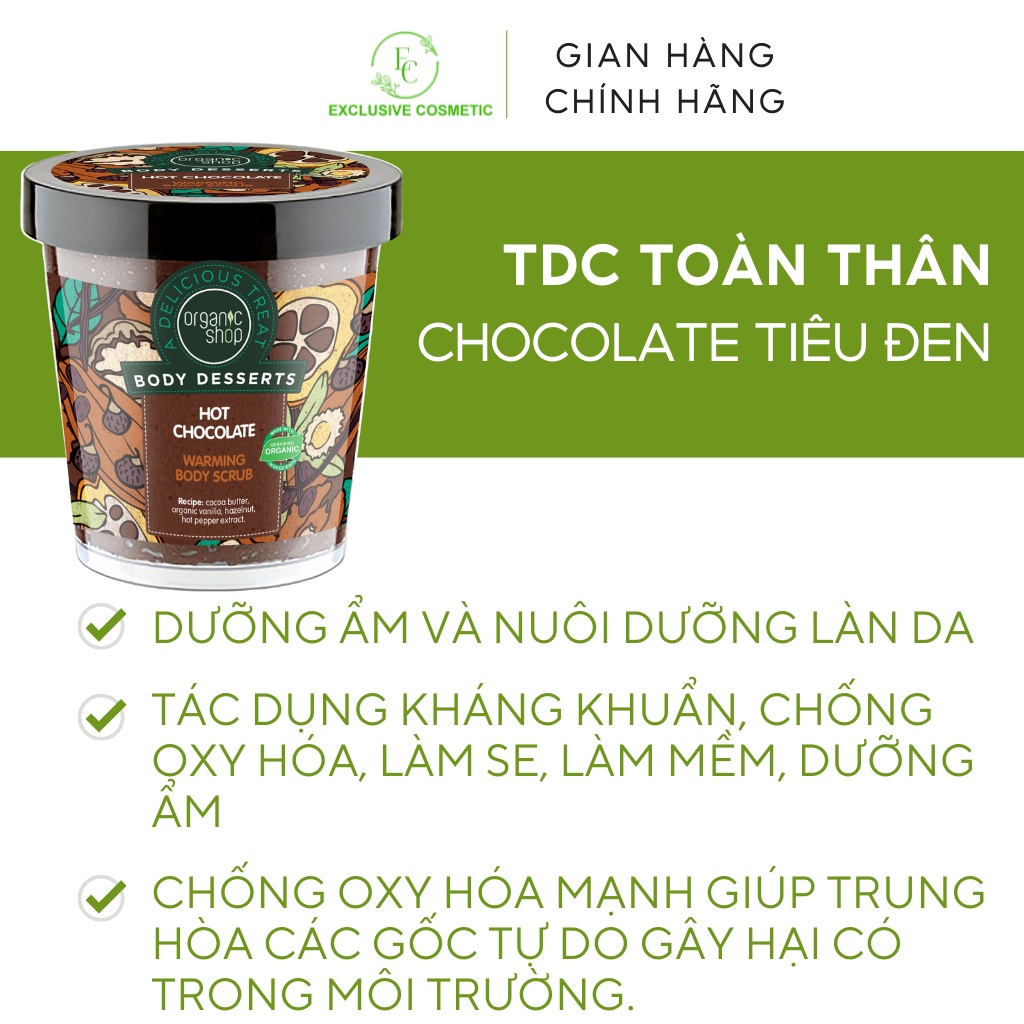 Tẩy bào chết toàn thân Organic Shop Hương Chocolate, Tiêu đen &amp; Đường 450ml